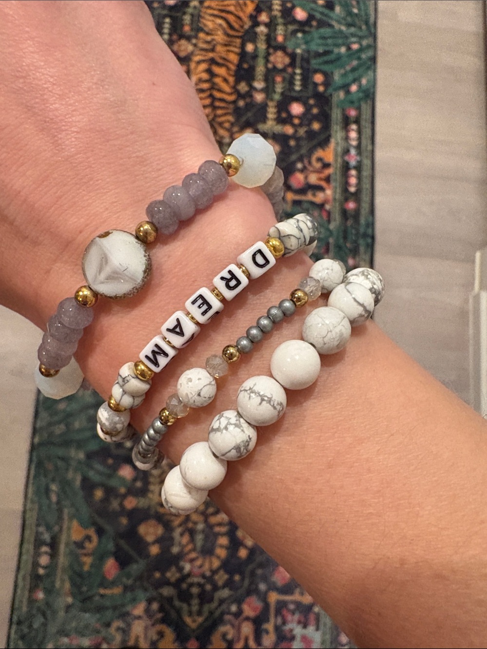 White Howlite Stackable Beaded Bracelets - Dream Letter Accent